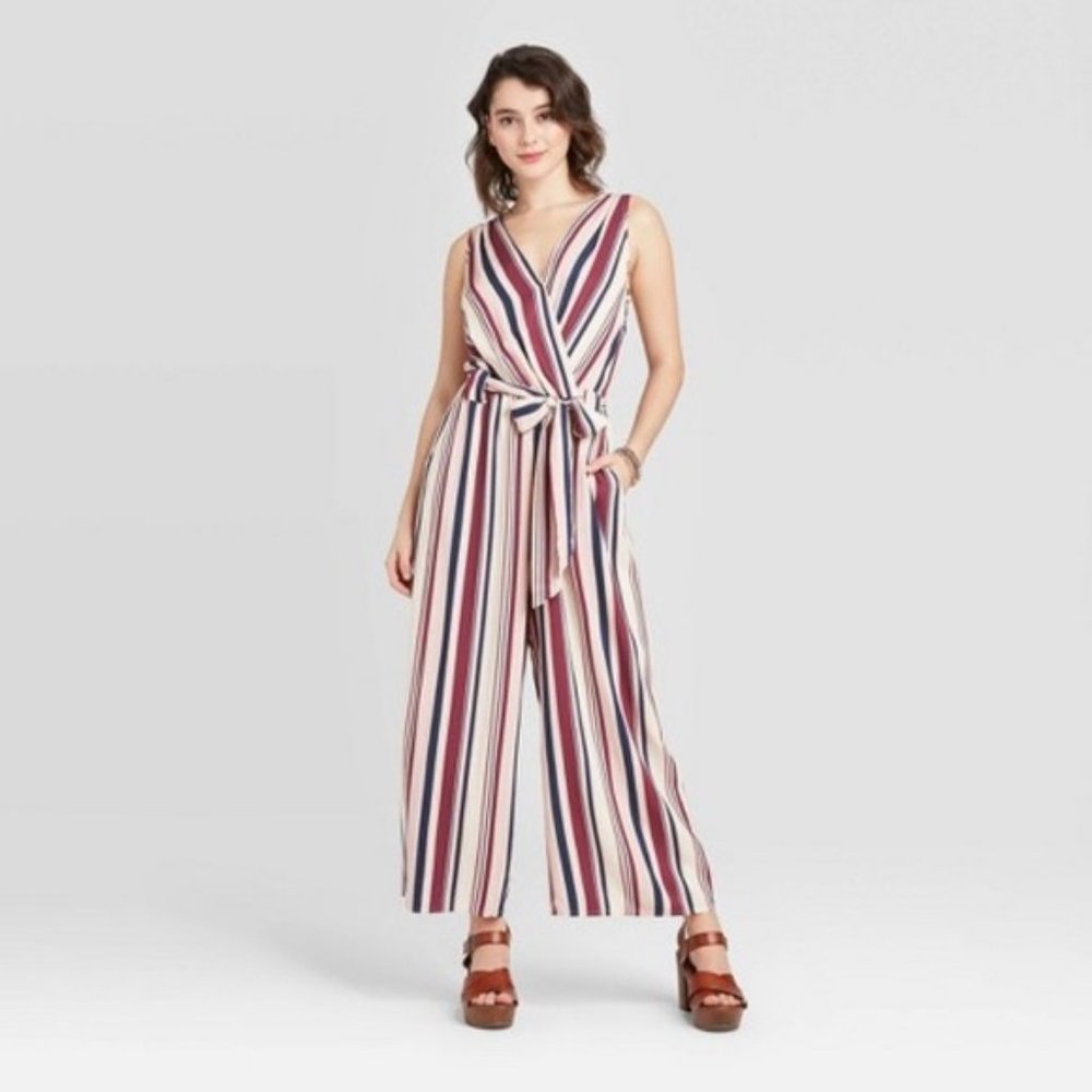 WOMEN BLACK & White Striped VNeck JumpSuit